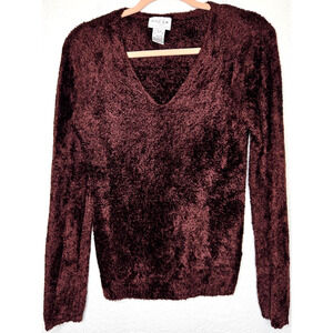Vintage 90s Oscar De La Renta Womens Sweater Small Brown Fuzzy Cozy V Neck Teddy